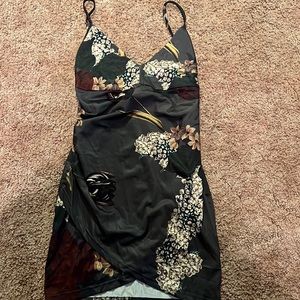 Grey with floral, mini dress, spaghetti strap, silky/spandex